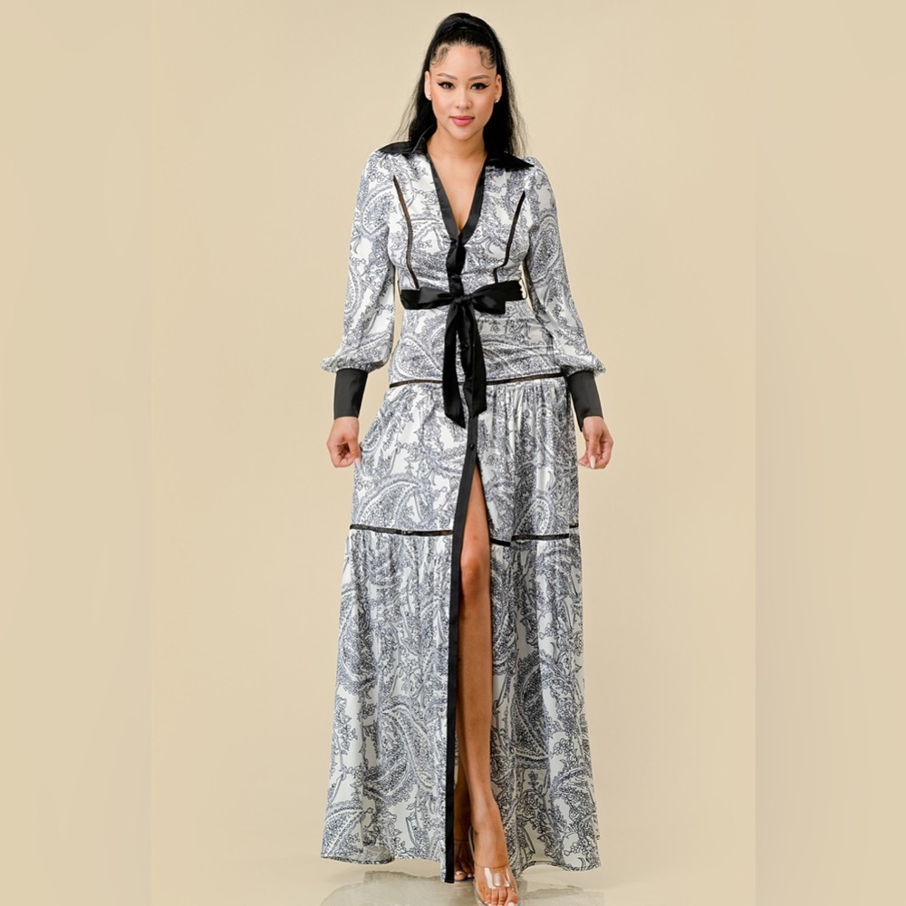 Elegant Black and White Paisley Maxi Dress